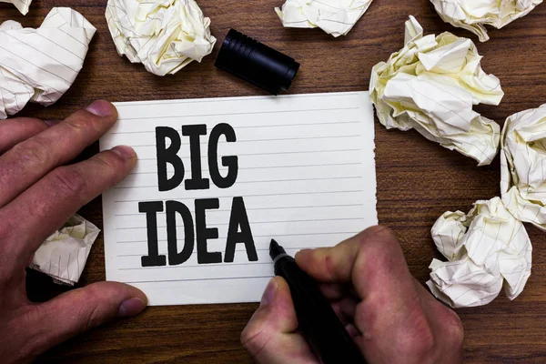 Word writing text Big Idea. Business concept for Having great creative innovation solution or way of thinking Man holding marker notebook page crumpled papers several tries mistakes