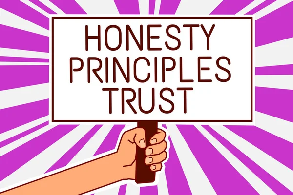 Handwriting text writing Honesty Principles Trust. Concept meaning believing someone words for granted Telling truth Man hand holding poster important protest message purple rays background