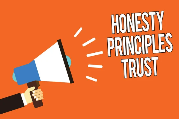 Writing note showing Honesty Principles Trust. Business photo showcasing believing someone words for granted Telling truth Man holding megaphone loudspeaker orange background message speaking