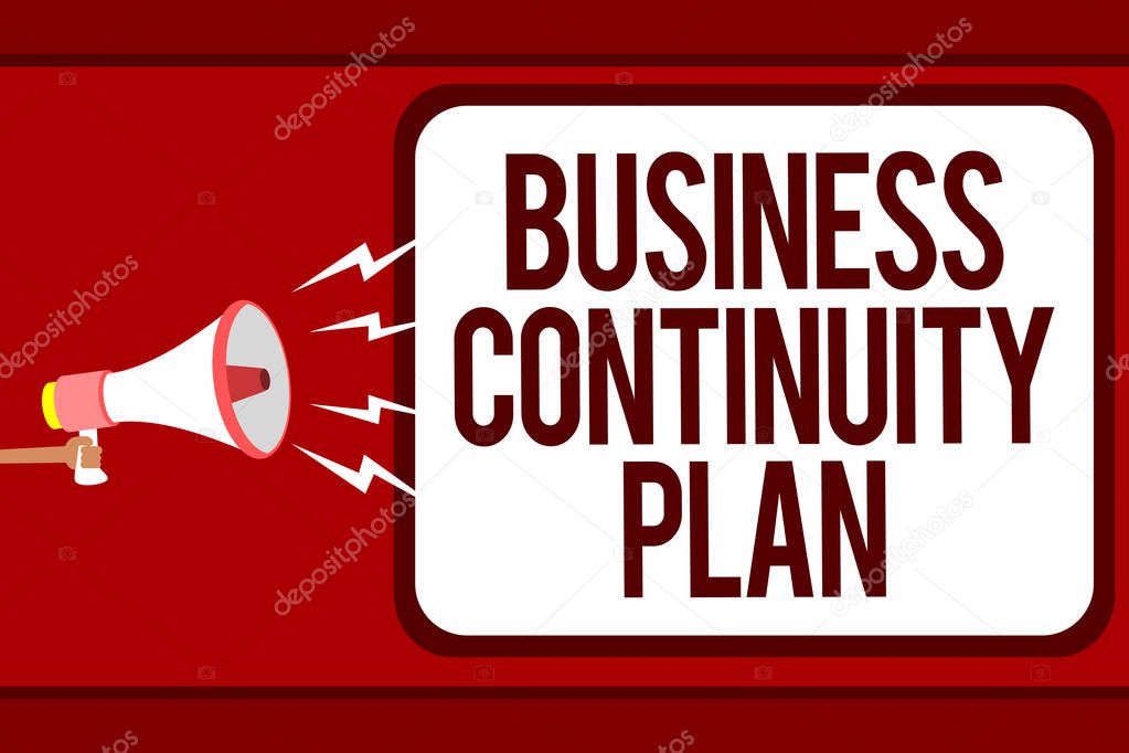 Word writing text Business Continuity Plan. Business concept for creating systems prevention deal potential threats Man holding megaphone loudspeaker speech bubble message speaking loud