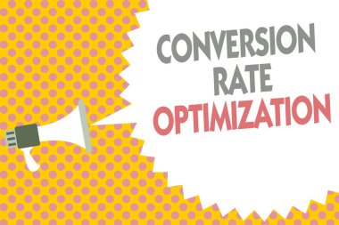Kavramsal el dönüşüm oranı optimizasyon gösterilen yazma. İş fotoğraf metin sistem ziyaretçi megafon hoparlör kabarcık ileti sarı arka plan yarı ton yüzdesini artırmak için