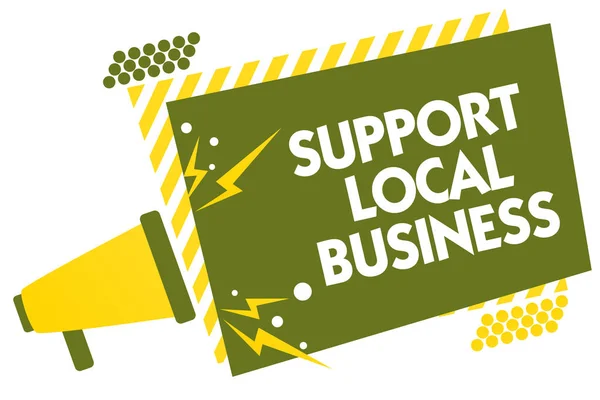 Writing note showing Support Local Business. Business photo showcasing increase investment in your country or town Megaphone loudspeaker yellow striped important message speaking loud