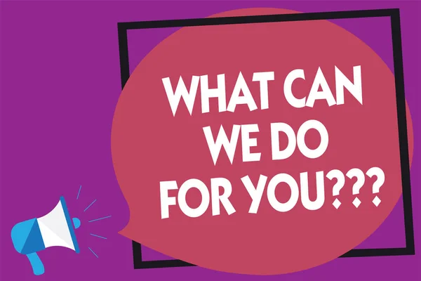 Text sign showing What Can We Do For You question question question. Conceptual photo how may I help assist Megaphone loudspeaker loud screaming purple background frame speech bubble