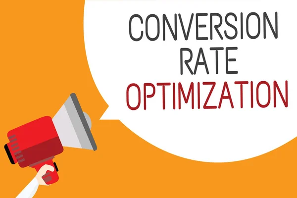 Text sign showing Conversion Rate Optimization. Conceptual photo system for increasing percentage of visitors Man holding megaphone loudspeaker speech bubble message orange background