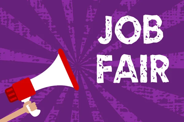 Text sign showing Job Fair. Conceptual photo An event where a person can apply for a job in multiple companies Grunge Megaphone loudspeaker loud screaming scream talk rays speech