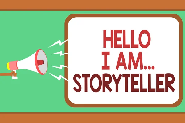 Word writing text Hello I Am... Storyteller. Business concept for introducing yourself as novels article writer Man holding megaphone loudspeaker speech bubble message speaking loud