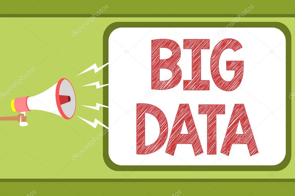 Handwriting text Big Data. Concept meaning sets that so complex that traditional software cant deal with them Man holding megaphone loudspeaker speech bubble message speaking loud