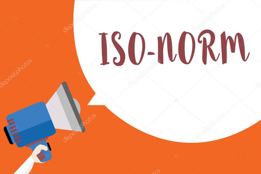 Writing note showing Iso Norm. Business photo showcasing An accepted standard or a way of doing things most people agreed Megaphone loudspeaker loud screaming idea talk talking speech listen