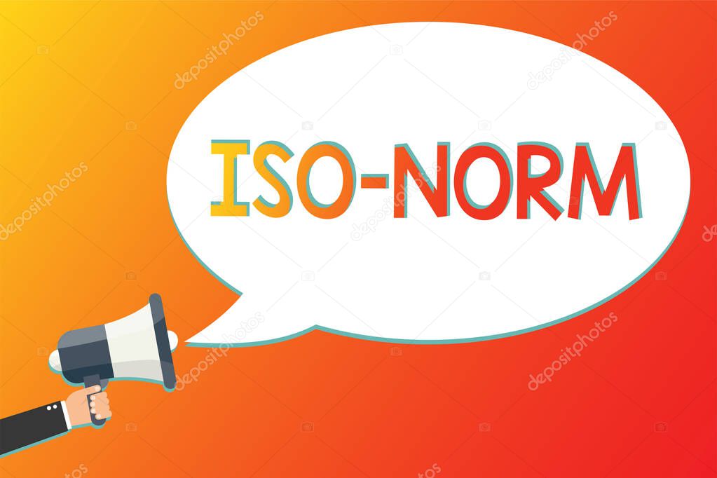 Writing note showing Iso Norm. Business photo showcasing An accepted standard or a way of doing things most people agreed Megaphone loudspeaker screaming scream idea talk talking speech listen