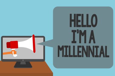 Word Hello metnini yazma A bin yıllık ben. İş kavramı geçerli yüzyılda genç yetişkinlik ulaşan kişi için tehlikeli iletmek mesaj uyarı sinyalleri ses hoparlörleri komut dosyası duyuru