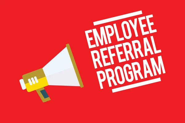 Handwriting text Employee Referral Program. Concept meaning employees recommend qualified friends relatives Megaphone loudspeaker red background important message speaking loud