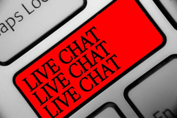 Writing note showing Live Chat Live Chat Live Chat. Business photo showcasing talking with people friends relatives online Keyboard red key Intention computer computing reflection document