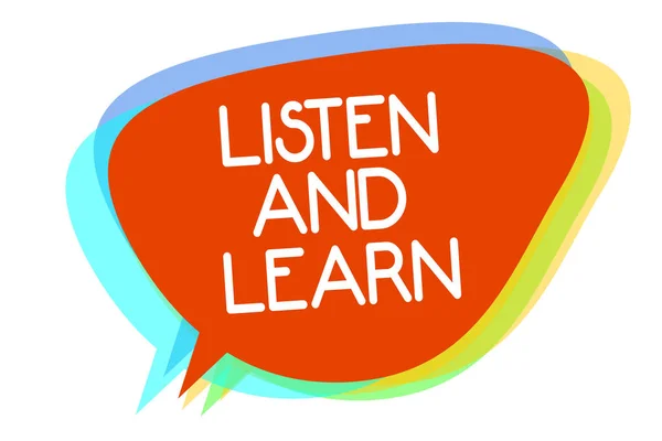Conceptual hand writing showing Listen And Learn. Business photo showcasing Pay attention to get knowledge Learning Education Lecture Multiline text layer design pattern red background think