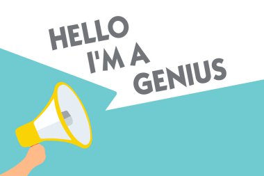 Kavramsal el Merhaba gösterilen yazma ben bir dahiyim. İş fotoğraf metin kendinizi tanıtmak için başkalarına ortalama kişi üzerinde endişe verici bir hoparlör simgesi gösterge uyarı duyuru sinyalleri gibi