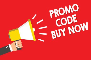 Promo kodu satın almak şimdi yazma el yazısı metin. Uyarı duyuru sembol endişe hoparlör sinyal göstergesi komut dosyası verilmesi büyük indirim özel girerek anlam kavramı kelime