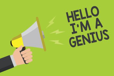 El yazısı metin Merhaba ben bir dahiyim. Hoparlör endişe verici uyarı sinyalizasyon göstergesi fikir ortalama kişi başkalarına duyuru olarak kendinizi tanıtmak anlam kavramı sembol