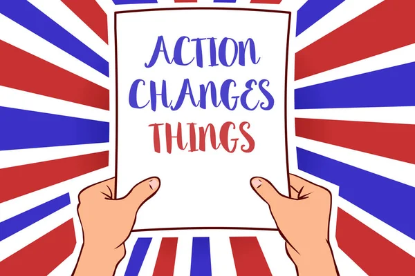 Conceptual hand writing showing Action Changes Things. Business photo showcasing doing something will reflect other things Reaction White paper handwritten lines text blue red waves pattern