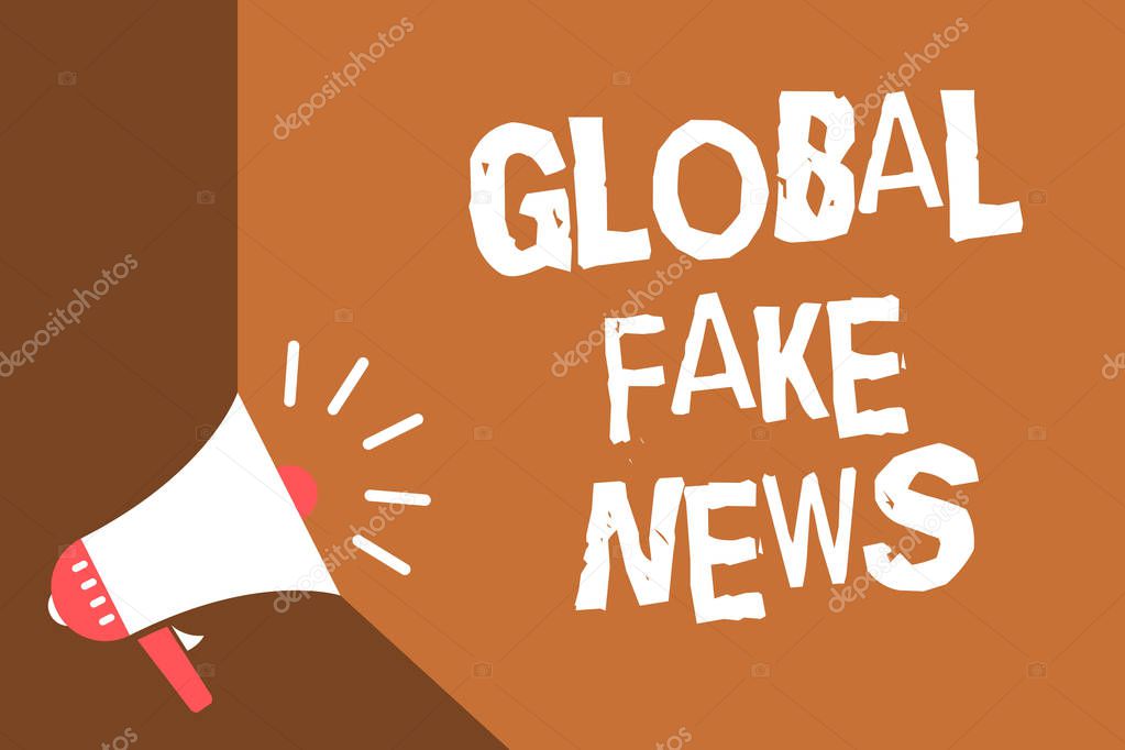 Writing note showing Global Fake News. Business photo showcasing False information Journalism Lies Disinformation Hoax News flash burning issue social network messages speaker convey idea
