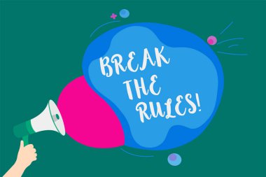 Word metin Break The Rules yazma. İş kavramı değişiklik yapma için her şeyi farklı isyan Reform iletmek mesaj fikir hoparlör alarm duyuru bulutlu desen tasarım