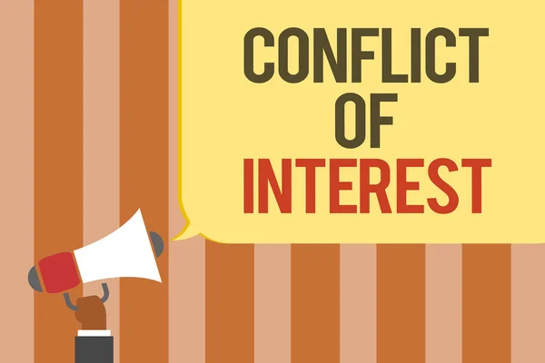 Writing note showing Conflict Of Interest. Business photo showcasing disagreeing with someone about goals or targets Multiline text board typing make announcement declare messages idea