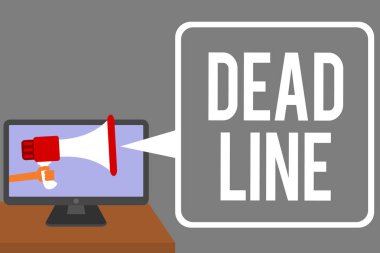 Kavramsal el ölü hat gösterilen yazma. İş fotoğraf süre hangi tarafından bir şey vitrine için bitirilmesi gereken veya konuşma balonu konuşurken megafon bilgisayar ekranı tutan adam başarılı