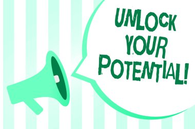 Unlock Your Potential gösterilen metin işareti. Kavramsal fotoğraf öz farkındalık daha fazla megafon hoparlör yeşil şeritler önemli yüksek sesli mesaj konuşma balonu ulaşmak için becerilerini geliştirmek