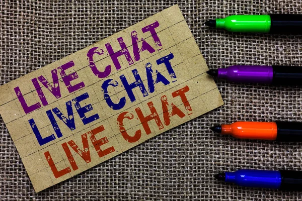 Handwriting text writing Live Chat Live Chat Live Chat. Concept meaning talking with people friends relatives online Paperboard computer mouse jute background Expressing ideas typing needs