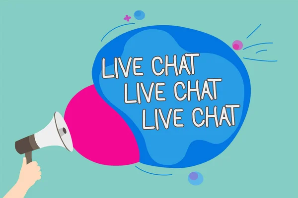 Conceptual hand writing showing Live Chat Live Chat Live Chat. Business photo showcasing talking with people friends relatives online Man holding Megaphone screaming talk colorful speech bubble