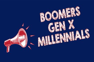 Word metin Boomers Gen X Millennials yazma. İş kavramı için genellikle yaklaşık otuz yıl yüksek sesle konuşan megafon hoparlör mavi arka plan önemli bir mesaj olarak kabul