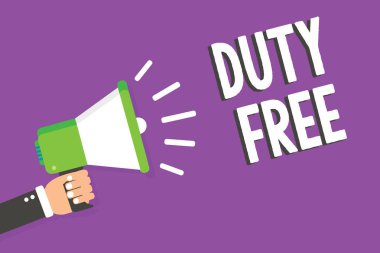 Metin yazma Duty Free kelime. İş kavramı mağaza veya witout vergi ithal ürünler satan establisbhement için adam yüksek sesle konuşmak konuşurken konuşma çığlık hoparlör dinle megafon holding