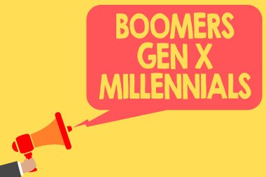 El yazısı metin Boomers Gen X Millennials. Kavram anlamı genellikle kabul yaklaşık otuz yıl adam olmak megafon hoparlör konuşma balonu mesajı yüksek sesle konuşan holding