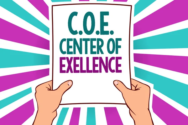 Word writing text C.O.E Center Of Excellence. Business concept for being alpha leader in your position Achieve Man holding paper important message remarkable blue purple rays bright idea