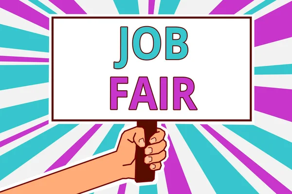 Conceptual hand writing showing Job Fair. Business photo showcasing An event where a person can apply for a job in multiple companies Man hold board idea reflection intention strike background