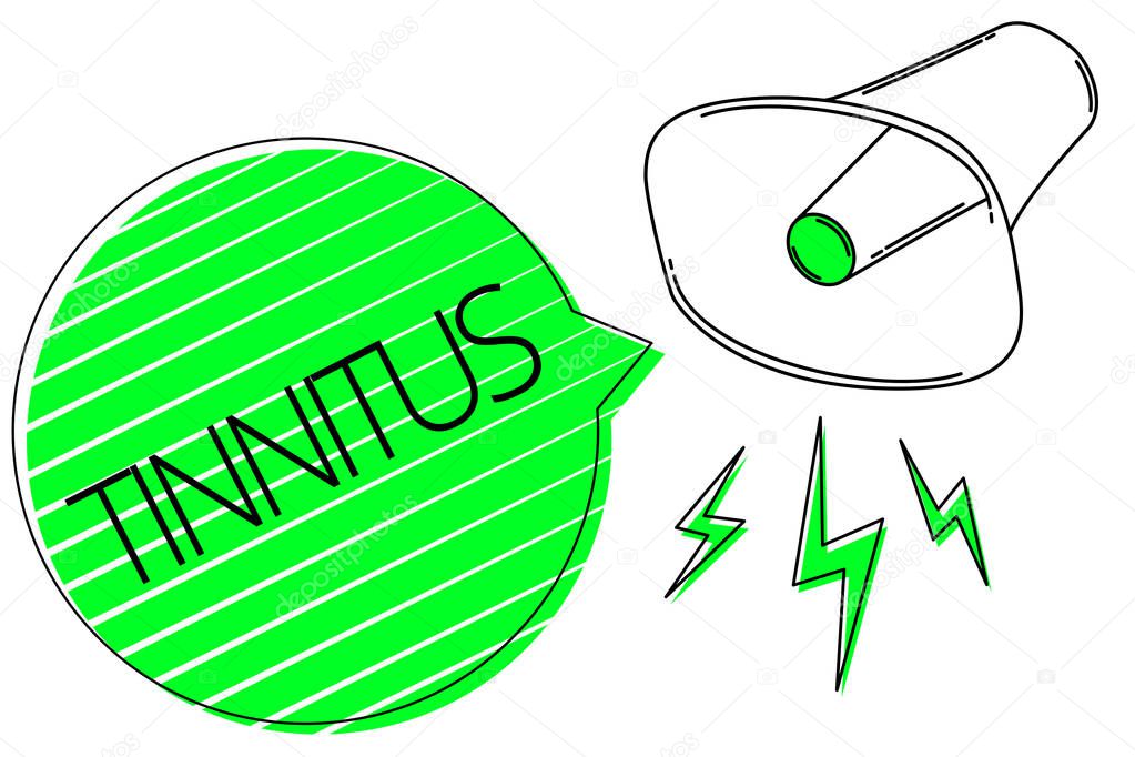 Text sign showing Tinnitus. Conceptual photo A ringing or music and similar sensation of sound in ears Megaphone loudspeaker out loud screaming scream idea talk grunge speech