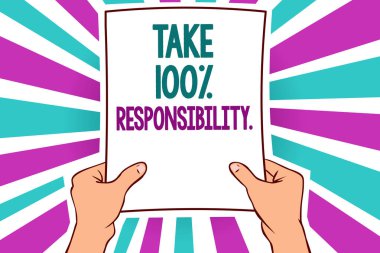 Metin yazma 100 sorumluluk almak kelime... İş kavramı için kağıt mesaj olağanüstü mavi mor parlak fikri ışınları önemli tutan adam yapmak şeyler nesnelerin listesi için sorumlu