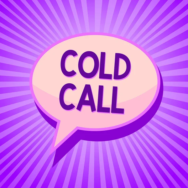 Conceptual hand writing showing Cold Call. Business photo text Unsolicited call made by someone trying to sell goods or services Speech bubble idea reminder purple shadows important intention ray