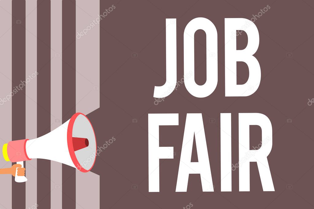 Conceptual hand writing showing Job Fair. Business photo showcasing An event where a person can apply for a job in multiple companies Man holding phone loudspeaker screaming talk speech listen