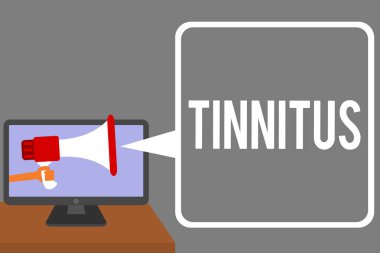 Kavramsal el tinnitus gösterilen yazma. İş fotoğraf vitrine bir zil veya müzik ve ses benzer hissi megafon bilgisayar ekranında konuşma balonu söz tutan adam kulaklar