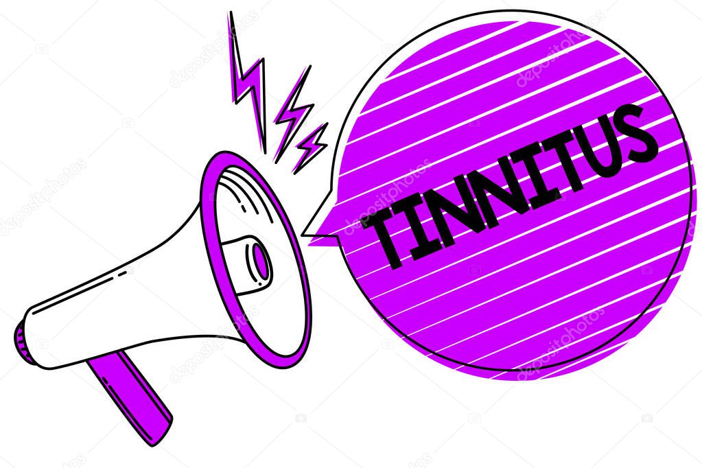 Conceptual hand writing showing Tinnitus. Business photo showcasing A ringing or music and similar sensation of sound in ears Megaphone loudspeaker scream idea talk grunge speech bubble