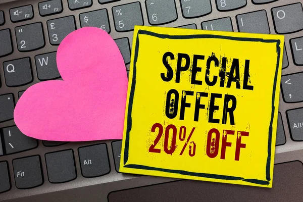 Handwriting text writing Special Offer 20 Off. Concept meaning Discounts promotion Sales Retail Marketing Offer Written on black bordered yellow page touched pink heart on computer keyboard