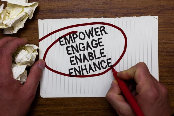 Text sign showing Empower Engage Enable Enhance. Conceptual photo Empowerment Leadership Motivation Engagement Hand hold paper lob and red pen red circled black words on white paper