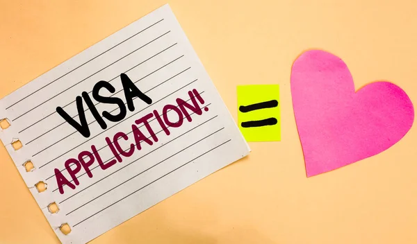 Text sign showing Visa Application. Conceptual photo Form to ask permission travel or live in another country Transverse white paper with words equal love heart on Peach color base