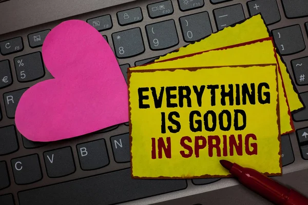 Writing note showing Everything Is Good In Spring. Business photo showcasing Happiness for the season Enjoy nature Red bordered yellow written paper pinch with love on computer keybaord