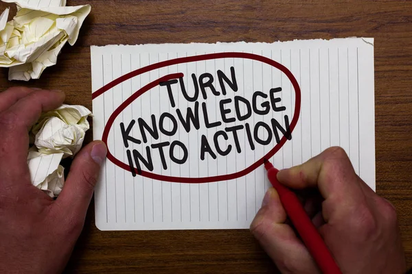 Text sign showing Turn Knowledge Into Action. Conceptual photo Apply what you have learned Leadership strategies Hand hold paper lob and red pen red circled black words on white paper