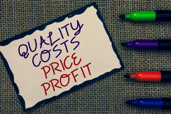 Text sign showing Quality Costs Price Profit. Conceptual photo Balance between wothiness earnings value Blue bordered page drawn some texts laid color pen jute background