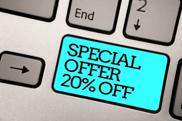 Text sign showing Special Offer 20 Off. Conceptual photo Discounts promotion Sales Retail Marketing Offer Silver grey computer keyboard with blue button black color written text