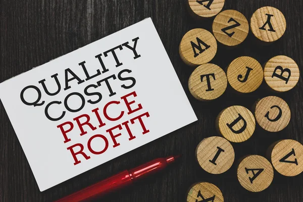 Text sign showing Quality Costs Price Profit. Conceptual photo Balance between wothiness earnings value Written paper red marker beside round woody alphabets on wooden base