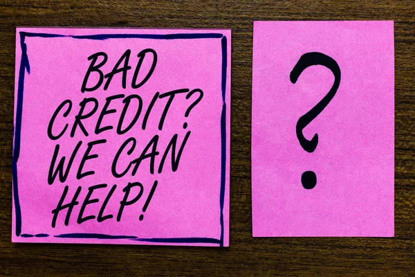 Text sign showing Bad Credit question We Can Help. Conceptual photo Borrower with high risk Debts Financial Violet color black lined sticky note with letters black question mark