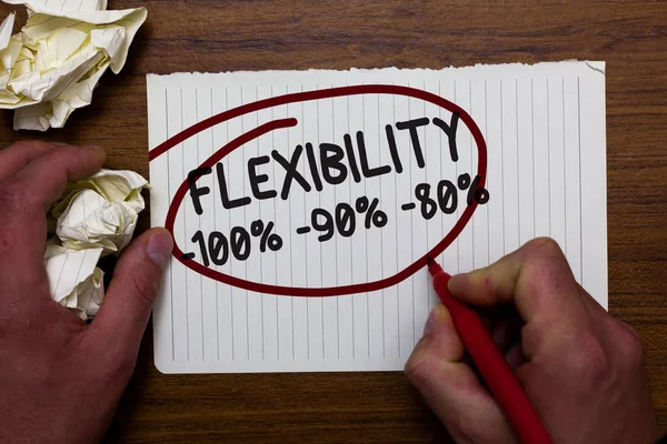 Text sign showing Flexibility 100 90 80. Conceptual photo How much flexible you are maleability level Hand hold paper lob and red pen red circled black words on white paper