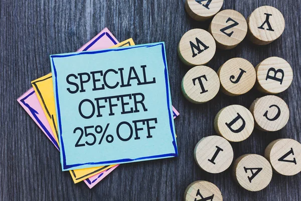 Handwriting text Special Offer 25 Off. Concept meaning Discounts promotion Sales Retail Marketing Offer Black wooden deck written sticky note beside some round woody alphabets